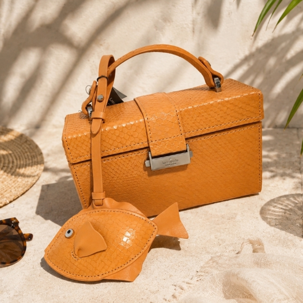 2 Pieces - Kate Spade Tan Textured Leather Box Bag With Fish Charm